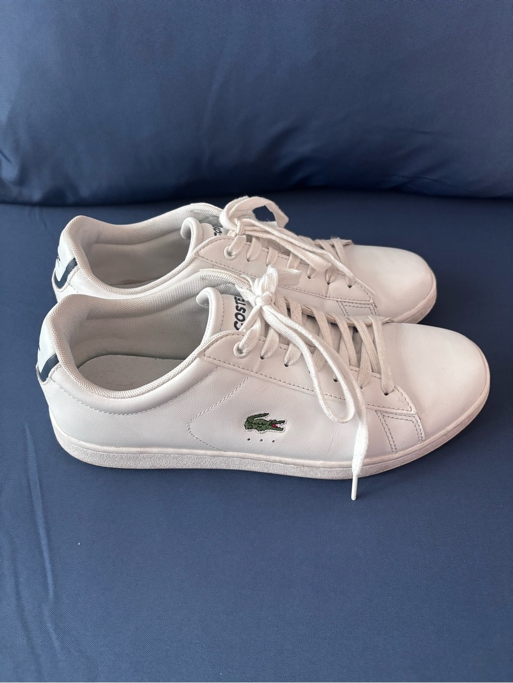 Lacoste White Low-Top Leather Sneakers with Navy Blue/Green Logo